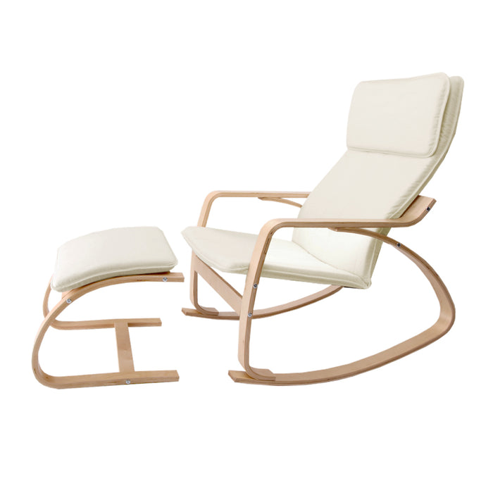 Rocking Wooden Armchair with Foot Stool - Beige