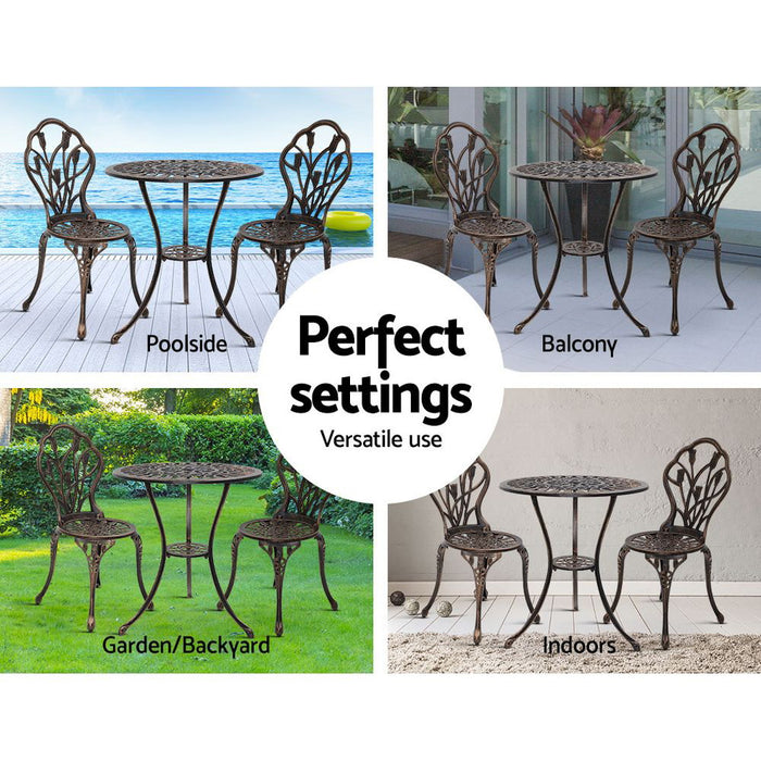 Gardeon 3PC Outdoor Setting Cast Aluminium Bistro Table Chair Patio Bronze