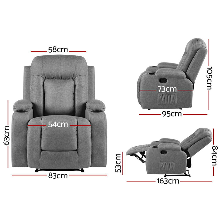 Artiss Massage Recliner Chair Fabric Lounge Sofa Heated ~ Grey