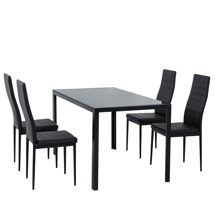 Indoor Dining Chairs Dinner Set Glass Leather Kitchen-Black (5 Pc)