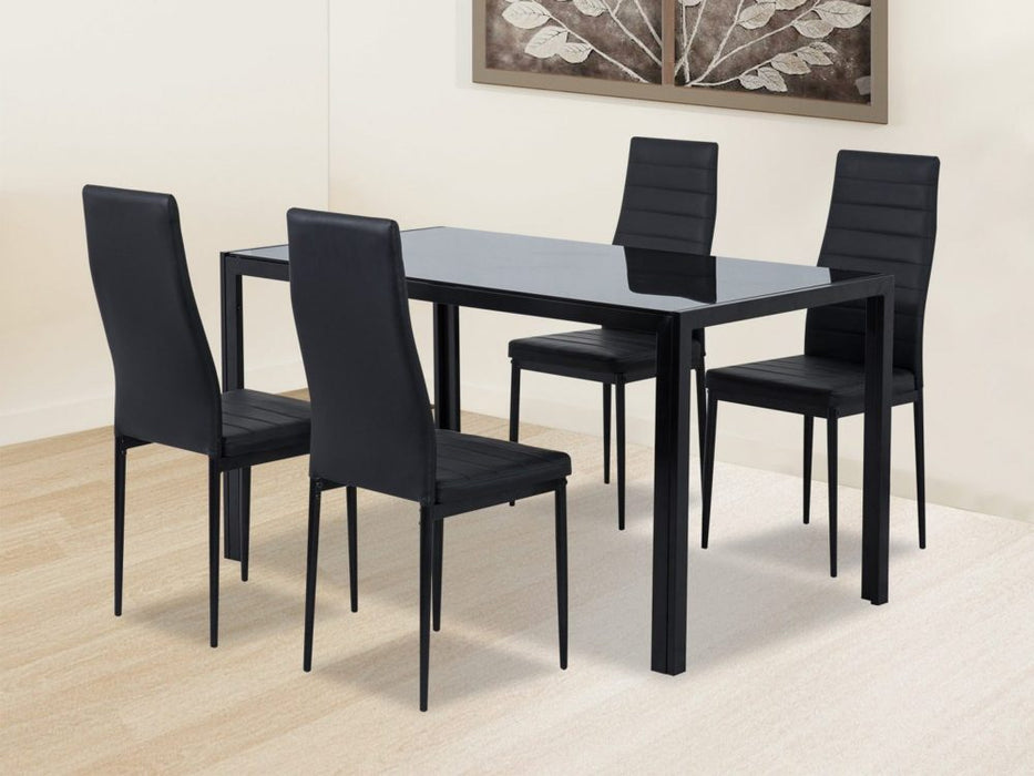 Indoor Dining Chairs Dinner Set Glass Leather Kitchen-Black (5 Pc)